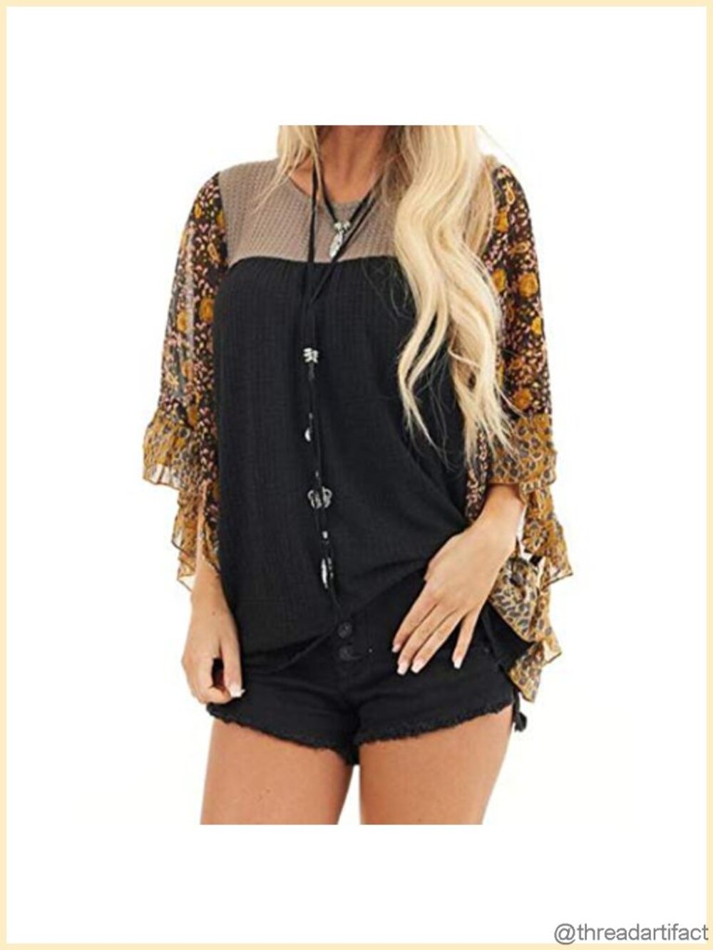 Womens Floral Printed Waffle Knit 3/4 Sleeve Batwing Loose Tops Blouse